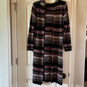 Derek Heart Long Sleeve Striped Cardigan- Black, Gray, Red Medium